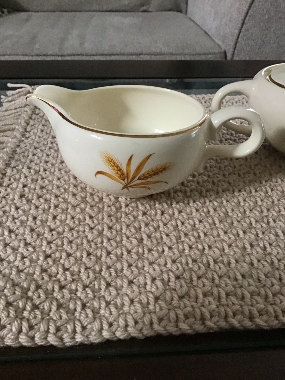 Homer Laughlin Cream and Sugar in Cream with Gold Wheat Motif